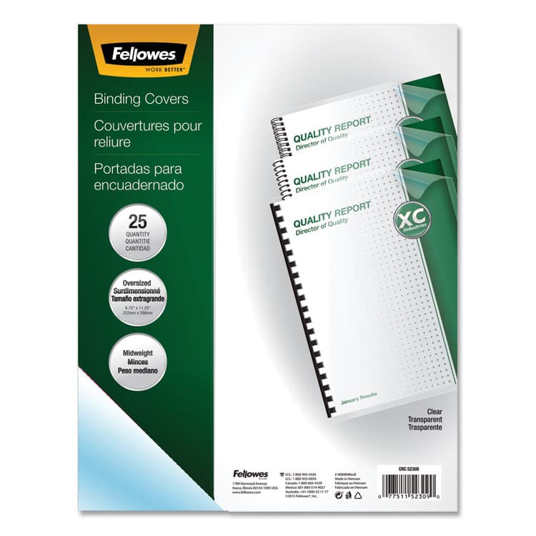 FELLOWES MFG. CO. Crystals Transparent Presentation Covers for Binding Systems, Plastic, Round Corners, 11.25 x 8.75, Gloss Clear, 25/Pack (FEL52309)