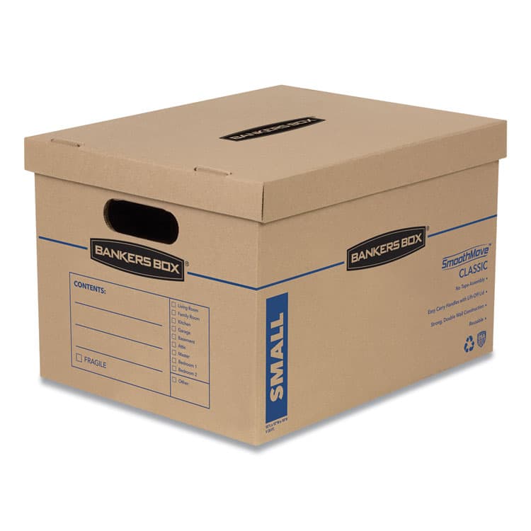 FELLOWES MFG. CO. SmoothMove Classic Moving/Storage Boxes, Half Slotted Container (HSC), Small, 12" x 15" x 10", Brown/Blue, 10/Carton (FEL7714203)