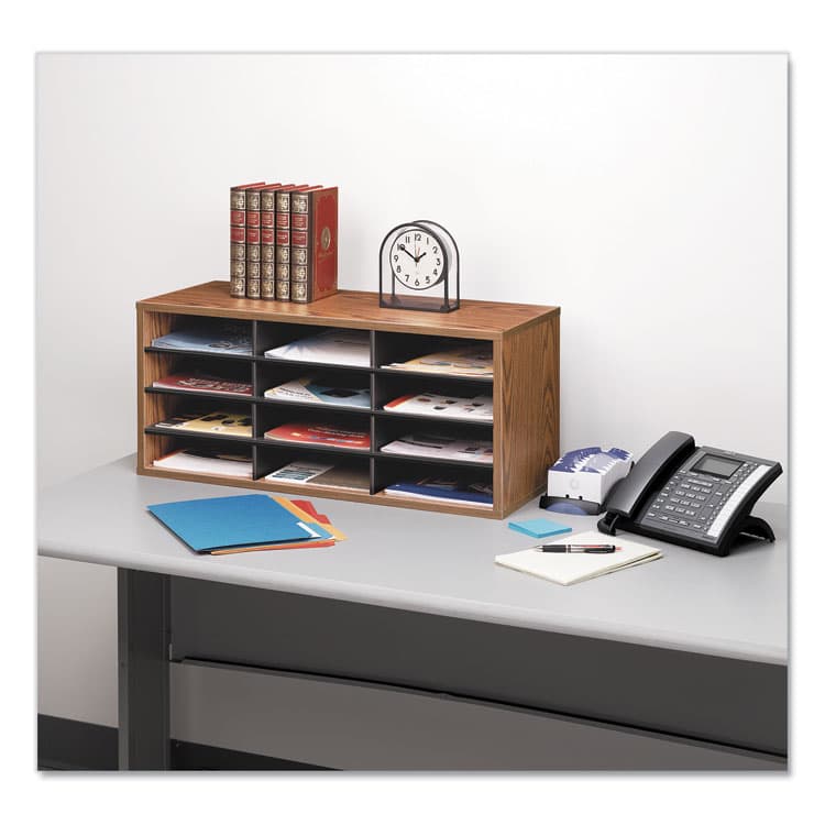 FELLOWES MFG. CO. Particle Board Desktop Sorter, 12 Compartments, 29 x 11.88 x 12.94, Medium Oak (FEL25400) thumbnail 3