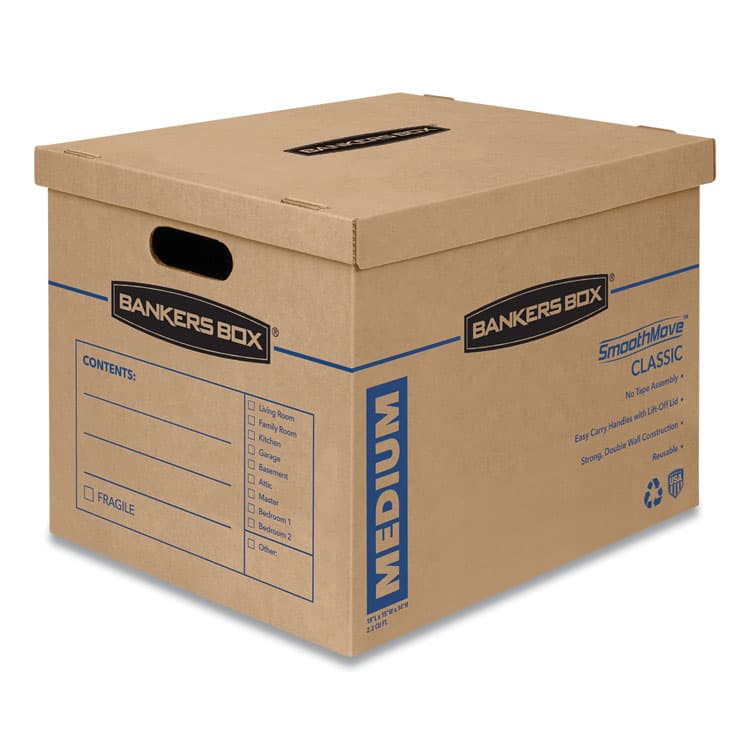 FELLOWES MFG. CO. SmoothMove Classic Moving/Storage Boxes, Half Slotted Container (HSC), Medium, 15" x 18" x 14", Brown/Blue, 8/Carton (FEL7717201)