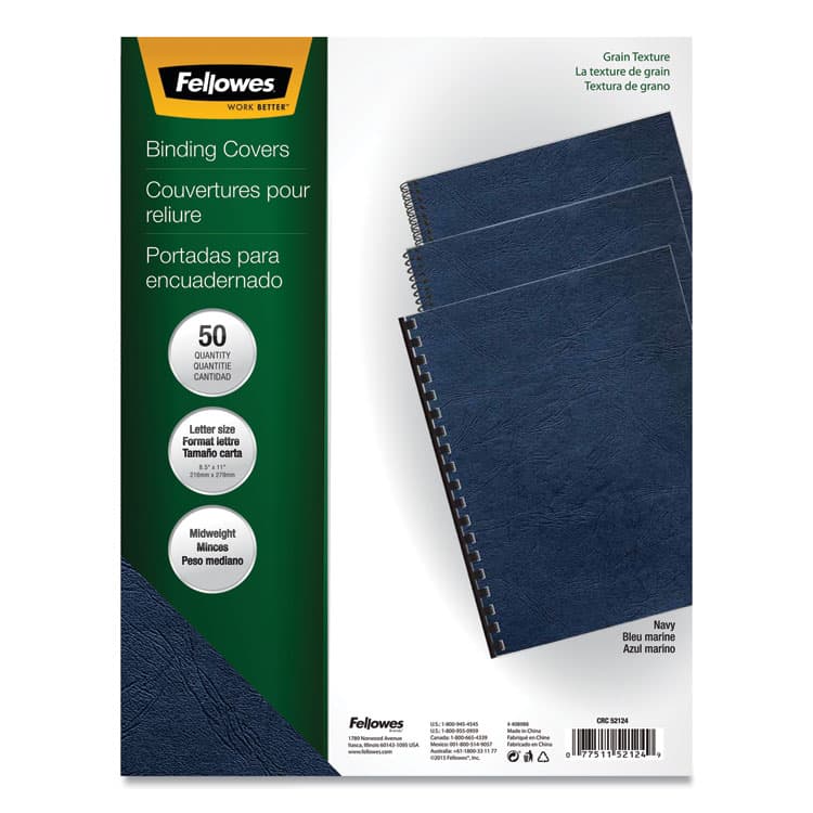 FELLOWES MFG. CO. Expressions Classic Grain Texture Presentation Covers for Binding Systems, Paper, Square Corners, 11 x 8.5, Navy, 50/Pack (FEL52124)
