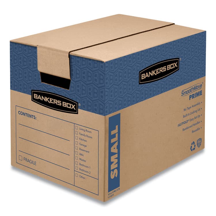 FELLOWES MFG. CO. SmoothMove Prime Moving/Storage Boxes, Hinged Lid, Regular Slotted Container, Small, 12" x 16" x 12", Brown/Blue, 10/Carton (FEL0062701)