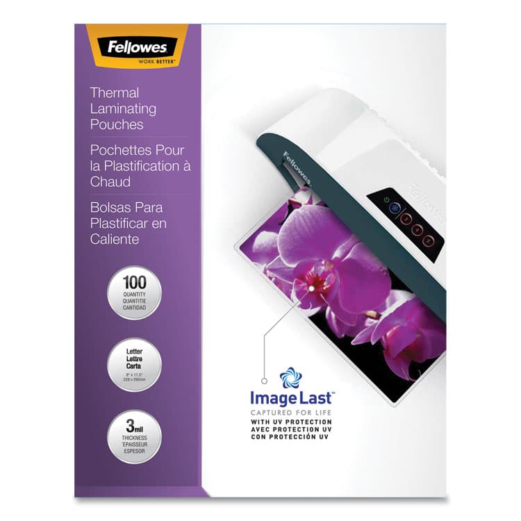 FELLOWES MFG. CO. ImageLast Laminating Pouches with UV Protection, 3 mil, 9" x 11.5", Clear, 100/Pack (FEL52454)