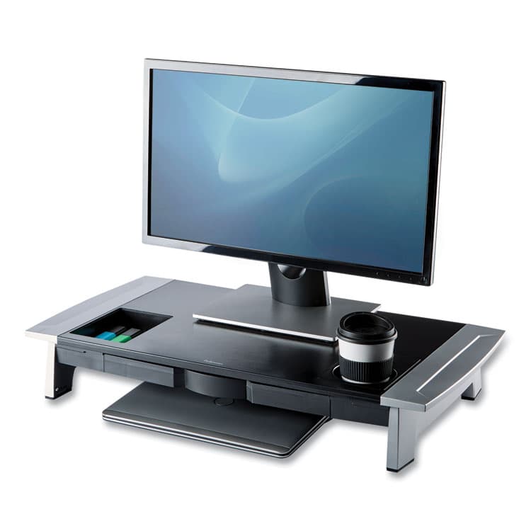 FELLOWES MFG. CO. Office Suites Premium Monitor Riser, 27" x 14" x 4" to 6.5", Black/Silver (FEL8031001) thumbnail 3