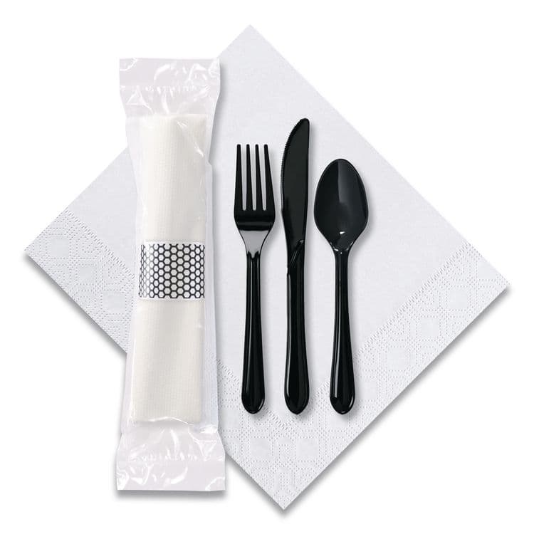 HOFFMASTER CaterWrap Cater to Go Express Cutlery Kit, Heavyweight, Fork/Knife/Napkin/Spoon, Plastic, Black, 100/Carton (HFM119901)
