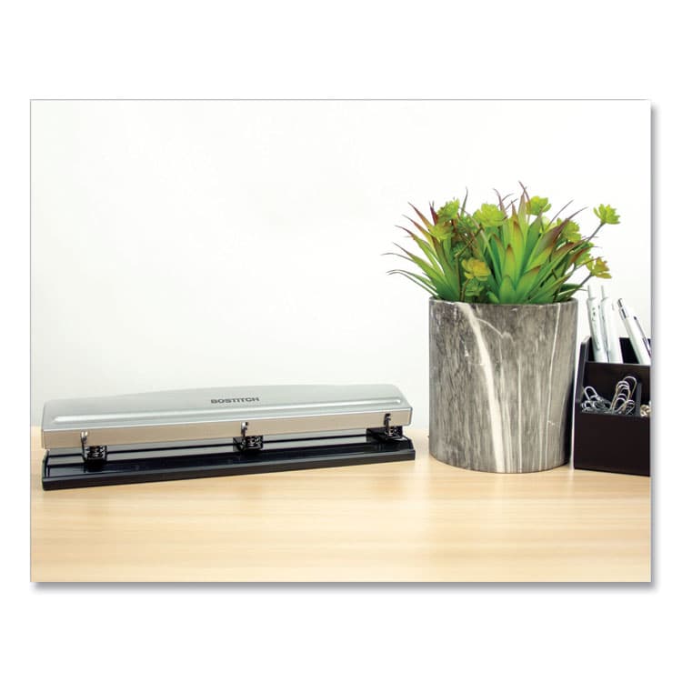 STANLEY BOSTITCH 12-Sheet Three-Hole Punch, 9/32" Holes, Silver/Black (BOSHP12) thumbnail 4