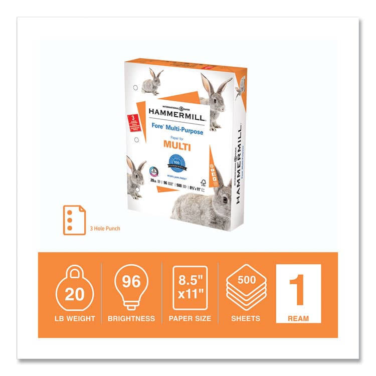 HAMMERMILL/HP EVERYDAY PAPERS Fore Multipurpose Print Paper, 96 Bright, 3-Hole, 20 lb Bond Weight, 8.5 x 11, White, 500 Sheets/Ream (HAM103275) thumbnail 2
