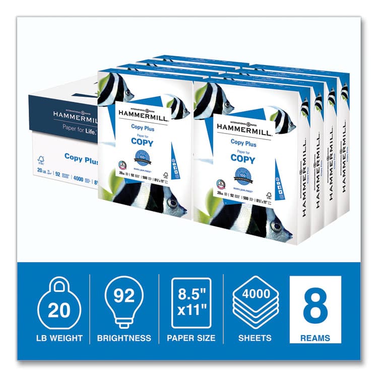 HAMMERMILL/HP EVERYDAY PAPERS Copy Plus Print Paper, 92 Bright, 20 lb Bond Weight, 8.5 x 11, White, 500 Sheets/Ream, 8 Reams/Carton (HAM105190) thumbnail 2