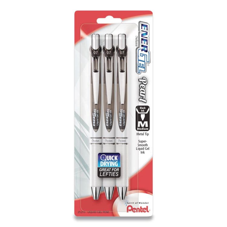 PENTEL OF AMERICA EnerGel Pearl Deluxe RTX Gel Pen, Retractable, Medium 0.7 mm, Black Ink, Pearl White/Smoke Barrel, 3/Pack (PENBL77WBPS3A)