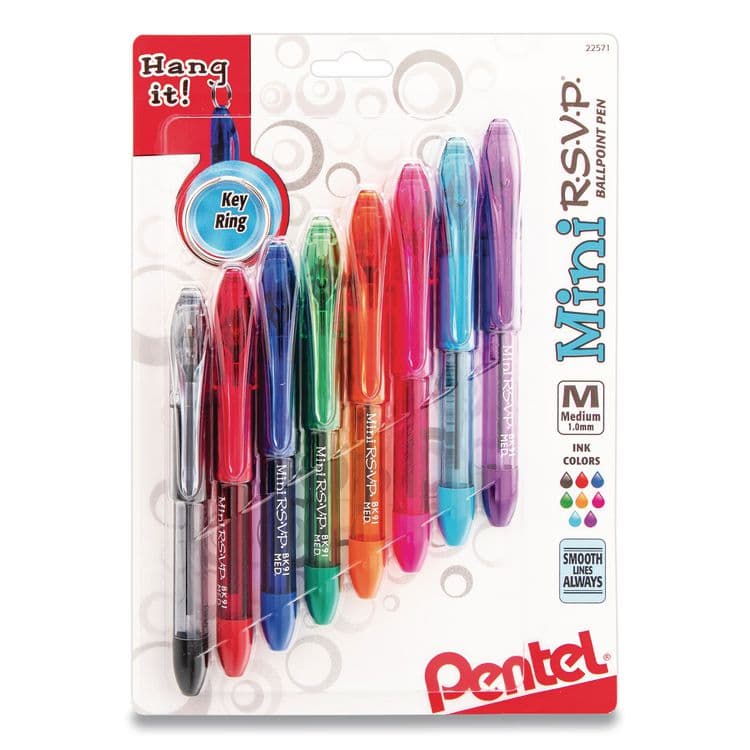 PENTEL OF AMERICA Mini R.S.V.P. Ballpoint Pen, Stick, Medium 1 mm, Assorted Ink and Barrel Colors, 8/Pack (PENBK91MNBP8M)