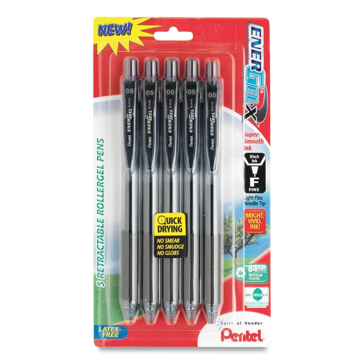 PENTEL OF AMERICA EnerGel-X Gel Pen, Retractable, Medium 0.7 mm, Black Ink, Smoke/Black Barrel, 5/Pack (PENBL107BPS5A) thumbnail 2