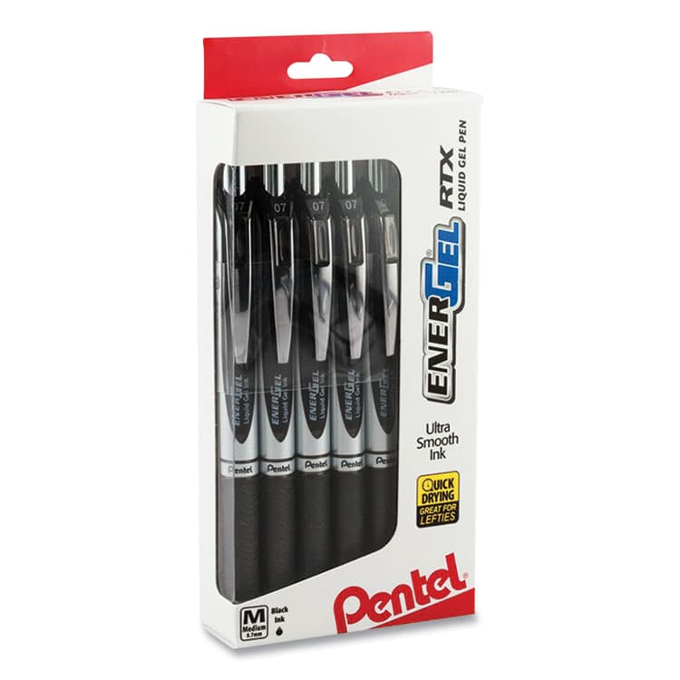 PENTEL OF AMERICA EnerGel RTX Gel Pen, Retractable, Medium 0.7 mm, Black Ink, Black/Silver Barrel, Dozen (PENBL77PC12A1)
