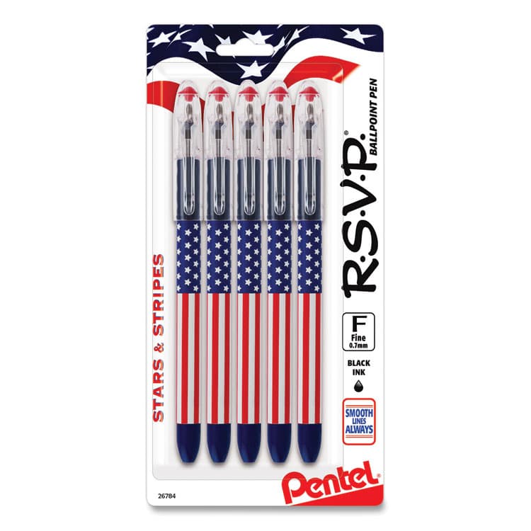 PENTEL OF AMERICA R.S.V.P. Stars and Stripes Ballpoint Pen, Stick, Fine 0.7 mm, Black Ink, Red/White/Blue Barrel, 5/Pack (PENBK90USABP5A) thumbnail 2