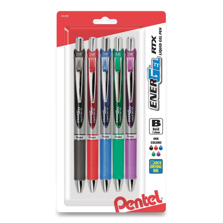 PENTEL OF AMERICA EnerGel RTX Gel Pen, Retractable, Bold 1 mm, Assorted Ink and Barrel Colors, 5/Pack (PENBL80BP5M)