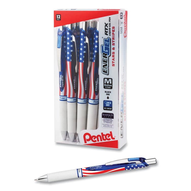 PENTEL OF AMERICA EnerGel RTX Stars and Stripes Gel Pen, Retractable, Medium 0.7 mm, Black Ink, Red/White/Blue Barrel, Dozen (PENBL77USAA) thumbnail 2