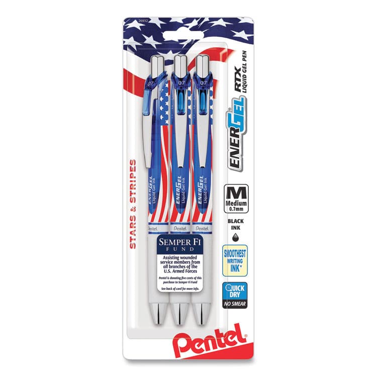 PENTEL OF AMERICA EnerGel RTX Stars and Stripes Gel Pen, Retractable, Medium 0.7 mm, Black Ink, Red/White/Blue Barrel, 3/Pack (PENBL77USABP3A)