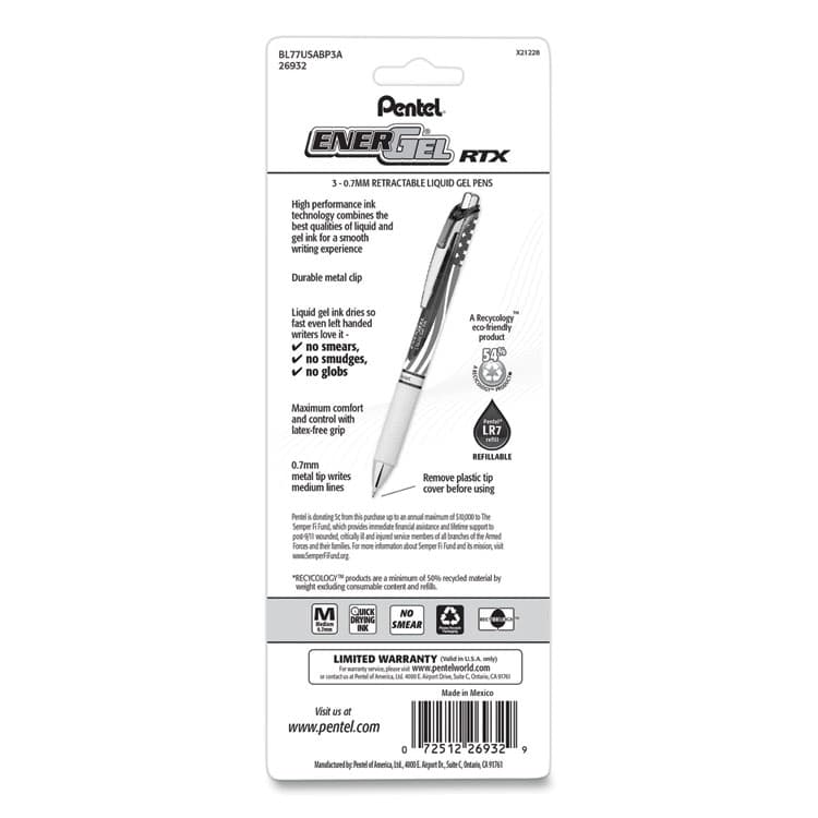 PENTEL OF AMERICA EnerGel RTX Stars and Stripes Gel Pen, Retractable, Medium 0.7 mm, Black Ink, Red/White/Blue Barrel, 3/Pack (PENBL77USABP3A) thumbnail 2