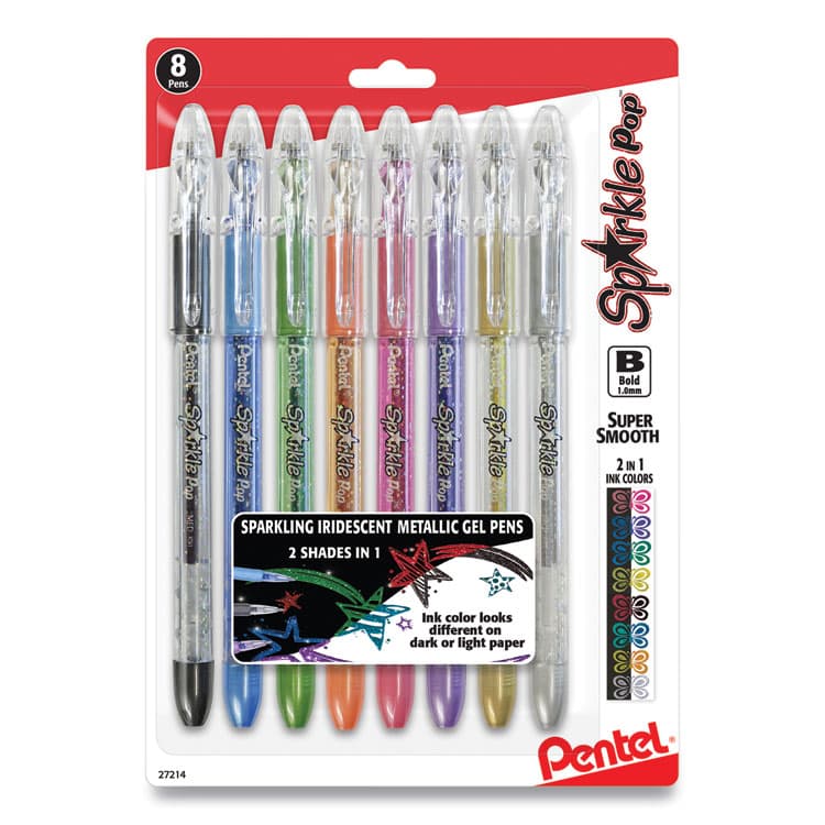 PENTEL OF AMERICA Sparkle Pop Metallic Gel Pen, Stick, Bold 1 mm, Assorted Ink Colors, Clear Barrel, 8/Pack (PENK91BPS8M)