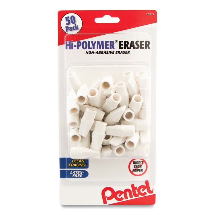 PENTEL OF AMERICA Hi-Polymer Cap Eraser, For Pencil Marks, White, 50/Pack (PENZEH02BP50)