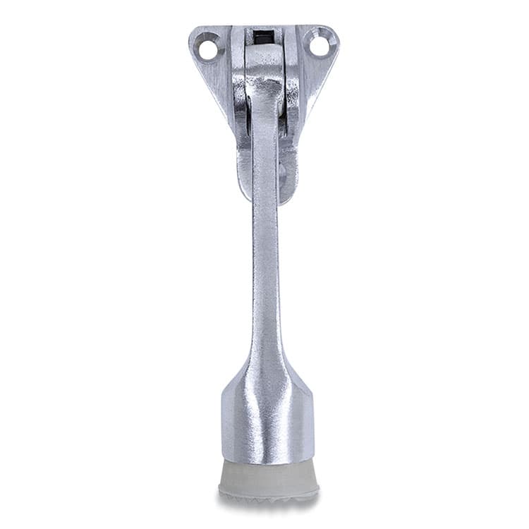 TELL MANUFACTURING Hinged Kick-Down Door Stop with Triangular Three-Point Mounting Plate, 1" Wide Door Mount, 4.18 Long Stopper, Satin Chrome (PFQDT100008)