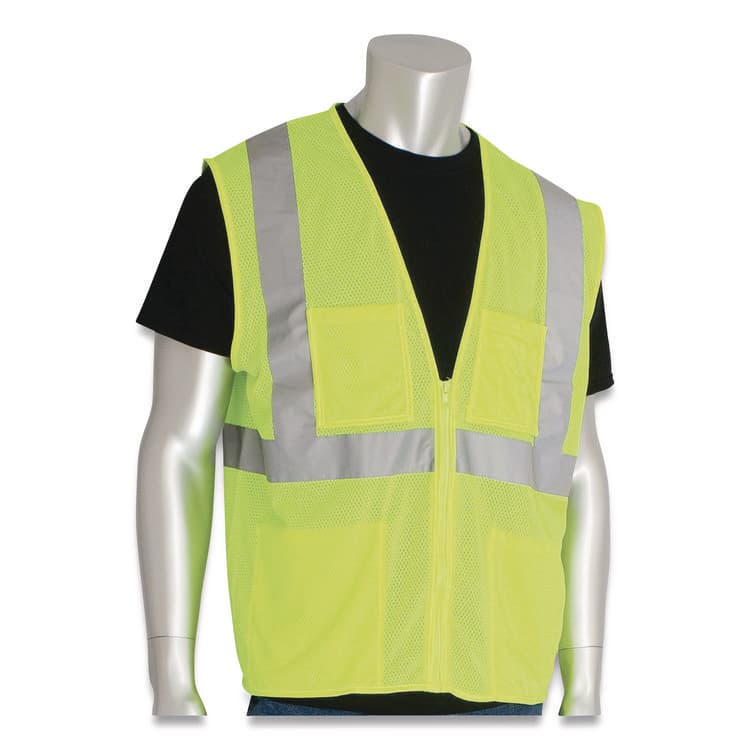 PROTECTIVE INDUSTRIAL PRODUCTS ANSI Class 2 Four Pocket Zipper Safety Vest, Polyester Mesh, 4X-Large, Hi-Viz Lime Yellow (PIDMVGZ4PLY4X) thumbnail 3