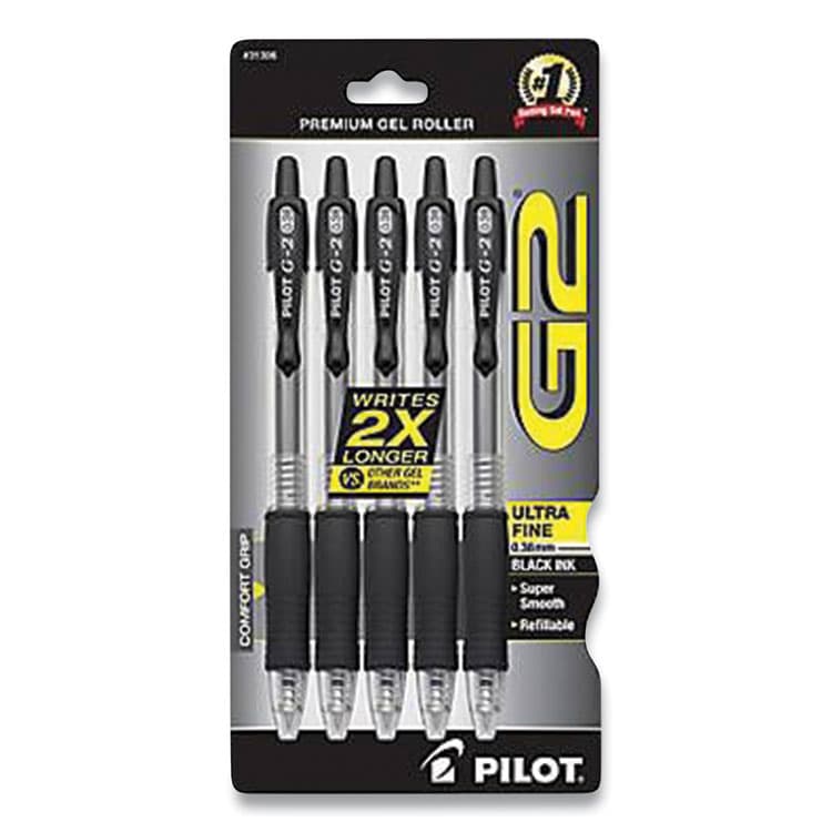 PILOT CORP. OF AMERICA G2 Premium Gel Pen, Retractable, Extra-Fine 0.38 mm, Black Ink, Clear/Black Barrel, 5/Pack (PILG23C5BLK)