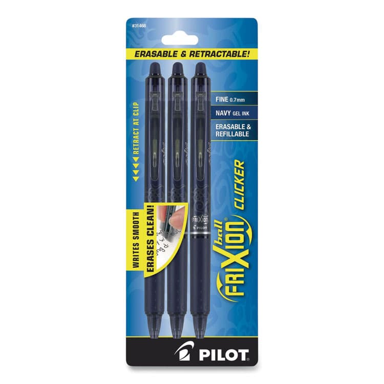 PILOT CORP. OF AMERICA FriXion Clicker Erasable Gel Pen, Retractable, Fine 0.7 mm, Navy Ink, Navy Barrel, 3/Pack (PIL31468)