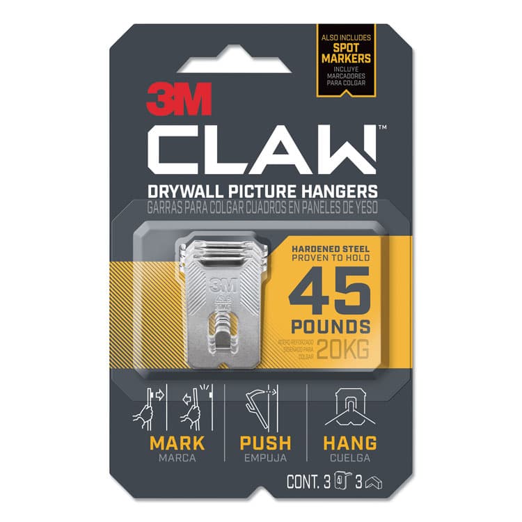 3M/COMMERCIAL TAPE DIV. Claw Drywall Picture Hanger, Stainless Steel, 45 lb Capacity, 3 Hooks and 3 Spot Markers (MMM3PH45M3ES)