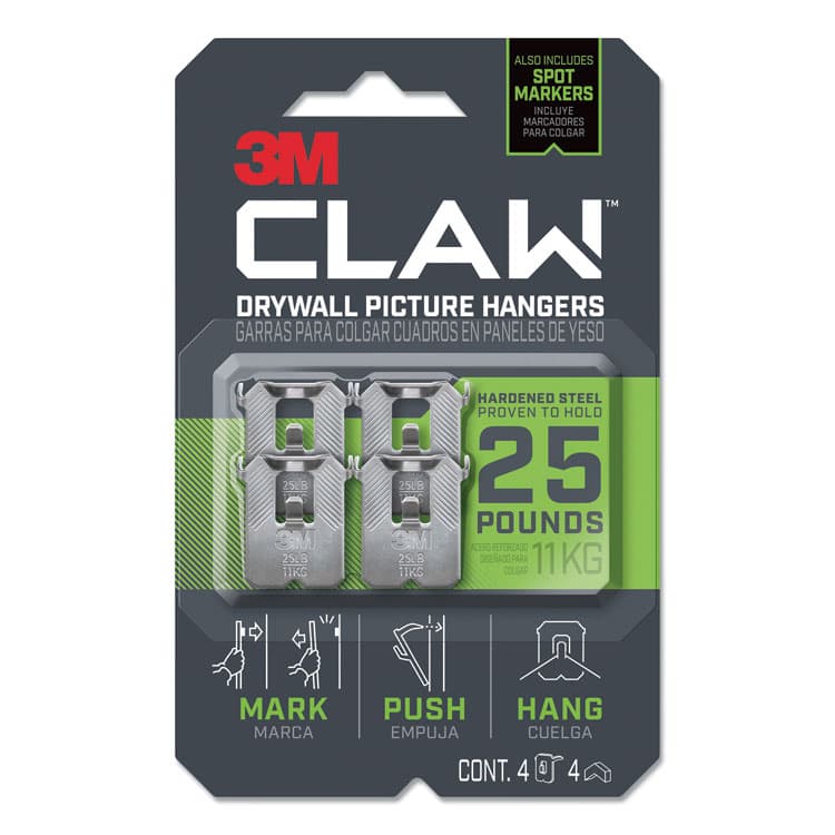 3M/COMMERCIAL TAPE DIV. Claw Drywall Picture Hanger, Stainless Steel, 25 lb Capacity, 4 Hooks and 4 Spot Markers, (MMM3PH25M4ES)
