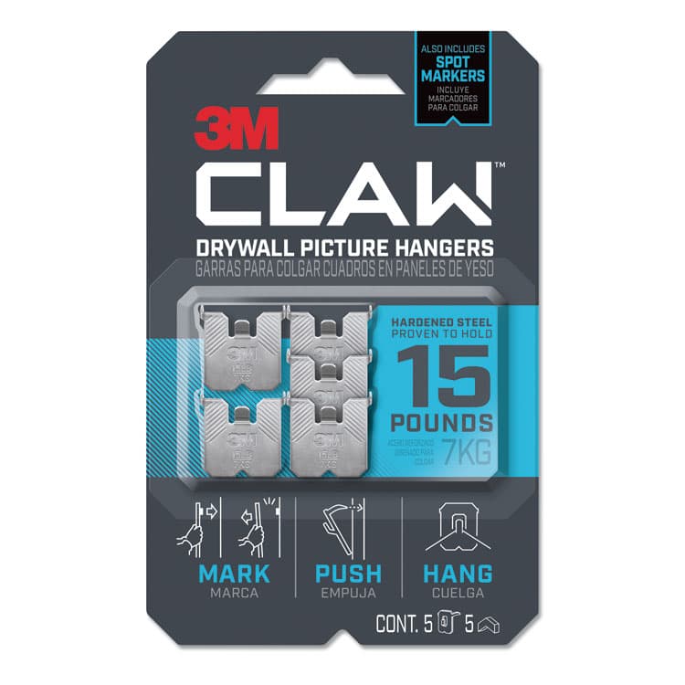 3M/COMMERCIAL TAPE DIV. Claw Drywall Picture Hanger, Stainless Steel, 15 lb Capacity, 5 Hooks and 5 Spot Markers (MMM3PH15M5ES)