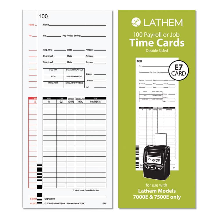 LATHEM TIME CORPORATION Time Clock Cards for Lathem Time 7000E/7500E, Two Sides, 3.38 x 8.78, 100/Pack (LTHE79100)
