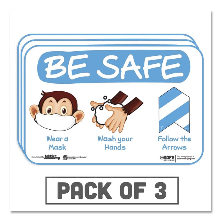 TABBIES BeSafe Messaging Education Wall Signs, 9 x 6, "Be Safe, Wear a Mask, Wash Your Hands, Follow the Arrows", Monkey, 3/Pack (TAB29506)