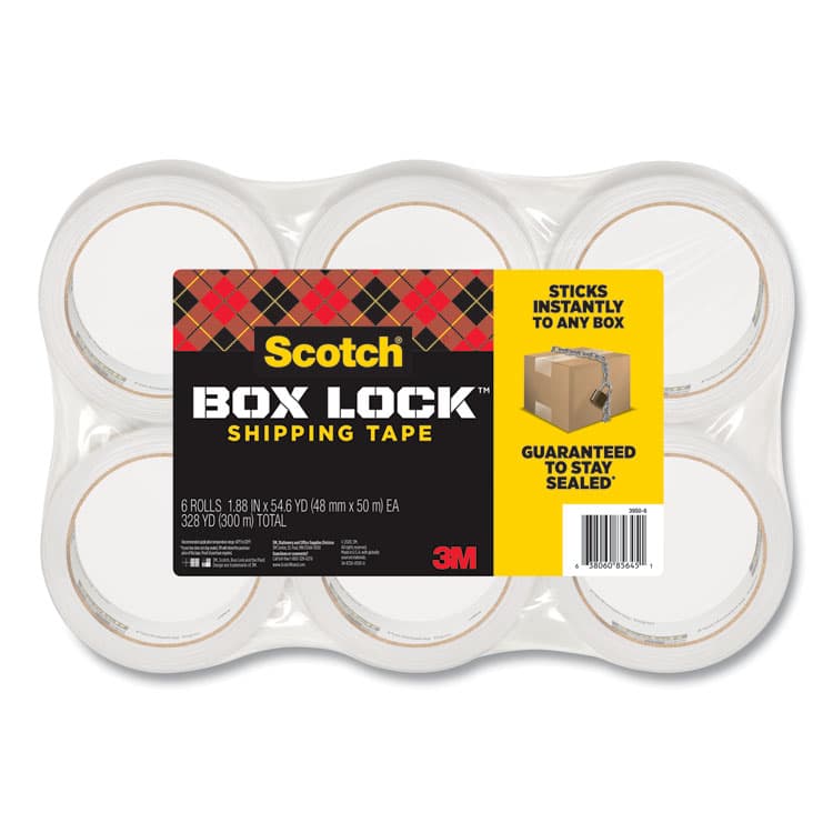 3M/COMMERCIAL TAPE DIV. Box Lock Shipping Packaging Tape, 3" Core, 1.88" x 54.6 yds, Clear, 6/Pack (MMM39506)