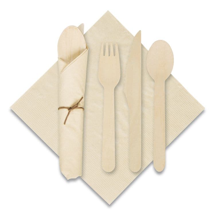 HOFFMASTER Pre-Rolled Caterwrap Kraft Napkins with Wood Cutlery, Fork/Knife/Napkin/Spoon, Plastic, Brown, 100/Carton (HFM120030)