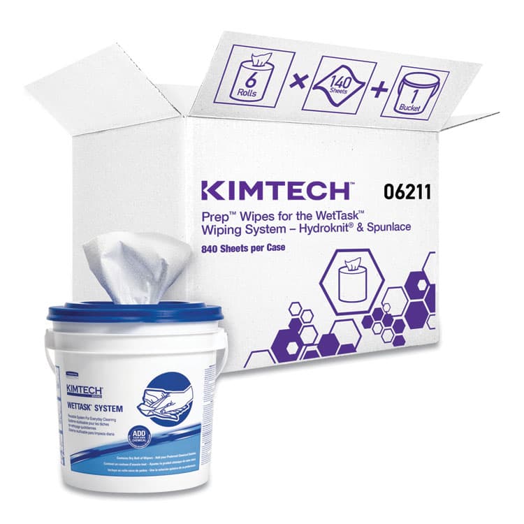 KIMBERLY CLARK Power Clean Wipers for Disinfectants, Sanitizers,Solvents WetTask Customizable Wet Wipe System, 140/Roll, 6 Rolls/1 Bucket/CT (KCC0621102)