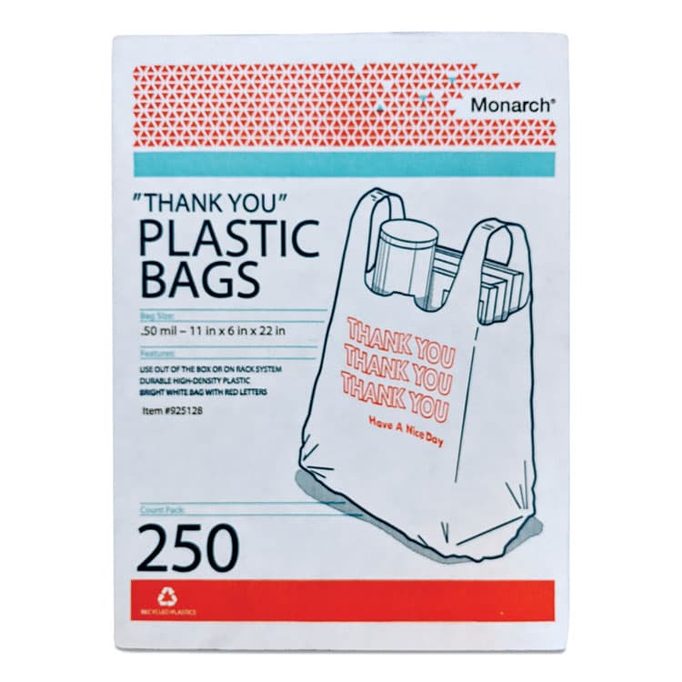 MONARCH MARKING Plastic "Thank You - Have a Nice Day" Shopping Bags, Cut-Out Handles, 11.5" x 6.5" x 22", White/Red, 250/Box (AVE925128) thumbnail 2