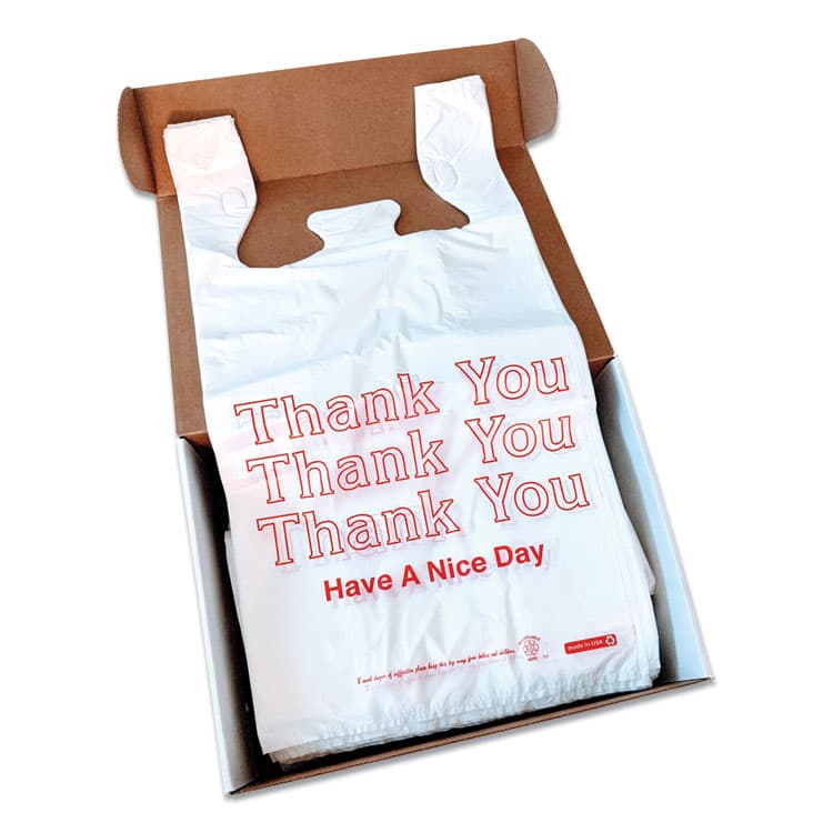 MONARCH MARKING Plastic "Thank You - Have a Nice Day" Shopping Bags, Cut-Out Handles, 11.5" x 6.5" x 22", White/Red, 250/Box (AVE925128) thumbnail 4