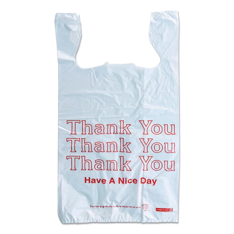 MONARCH MARKING Plastic "Thank You - Have a Nice Day" Shopping Bags, Cut-Out Handles, 11.5" x 6.5" x 22", White/Red, 250/Box (AVE925128)