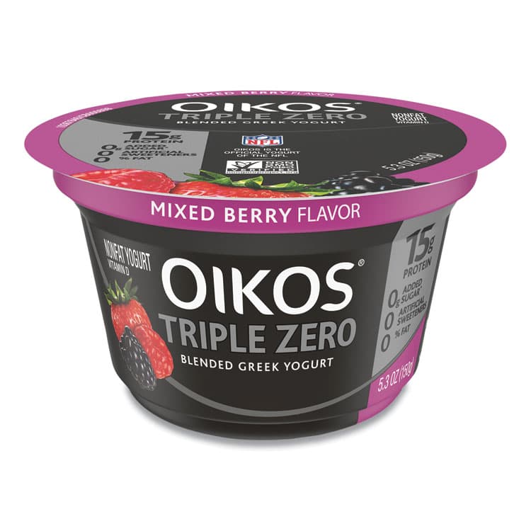 DANNON Triple Zero Blended Greek Nonfat Yogurt, 5.3 oz, Strawberry/Mixed Berry/Vanilla, 18/Carton (GRR90200027) thumbnail 4