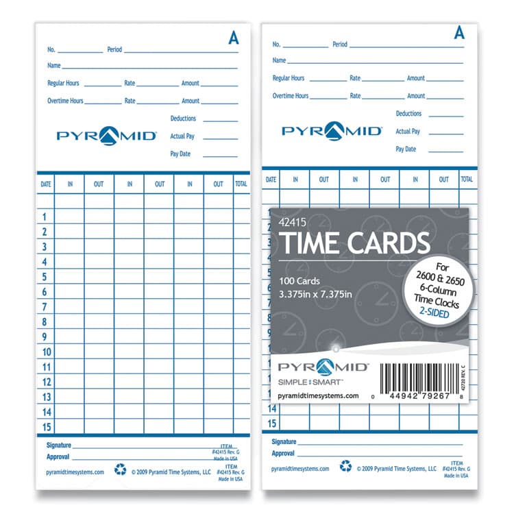 PYRAMID TECHNOLOGIES, . Time Clock Cards for Pyramid Technologies 2000/6000, Two Sides, 3.38 x 7.44, 100/Pack (PTI42415) thumbnail 2