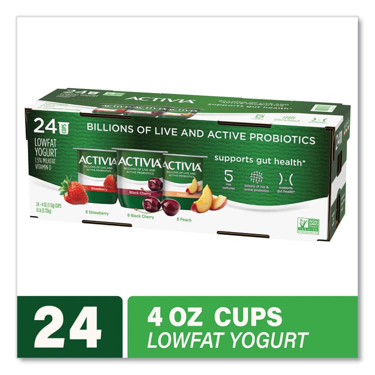 DANNON Probiotic Lowfat Yogurt, 4 oz Cups, Black Cherry/Peach/Strawberry, 24/Pack (GRR90200477) thumbnail 3