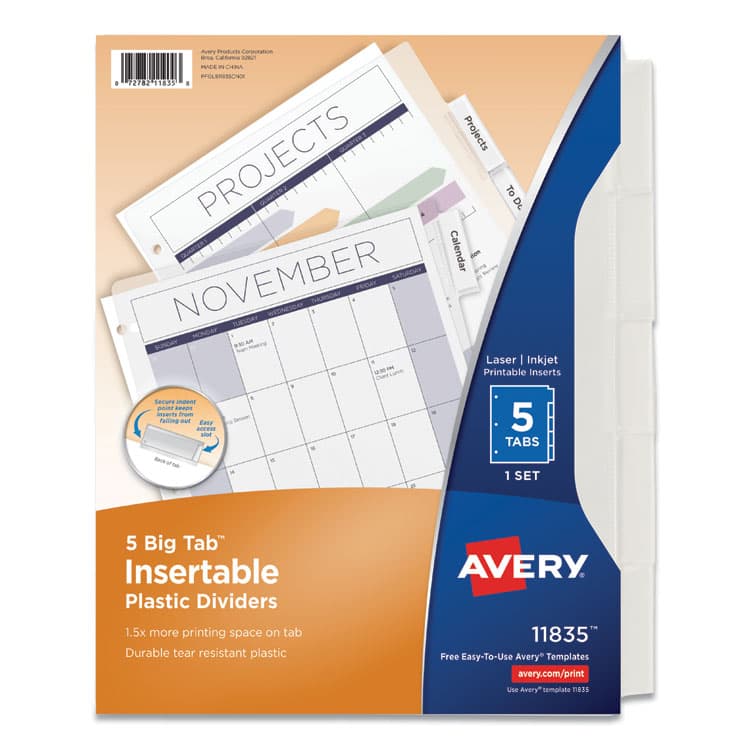 AVERY PRODUCTS CORPORATION Insertable Big Tab Plastic Dividers, 5-Tab, 11 x 8.5, Clear, 1 Set (AVE11835)
