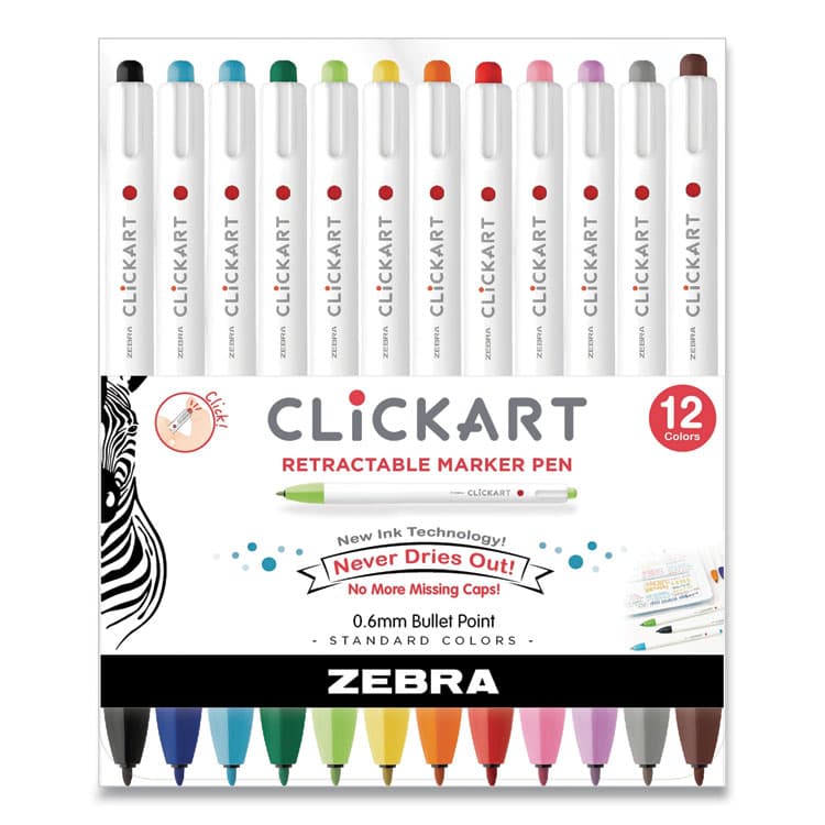 ZEBRA PEN CORP. ClickArt Porous Point Pen, Retractable, Fine 0.6mm, Assorted Ink Colors, White Barrel, 12/Pack (ZEB69012)