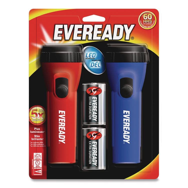 EVEREADY BATTERY LED Economy Flashlight, 2 D Batteries (Included), Red/Blue, 2/Pack (EVEL152SEA)