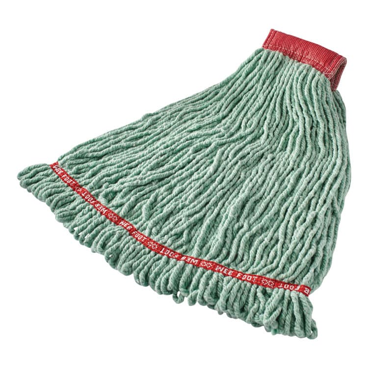 RUBBERMAID COMMERCIAL PROD. Web Foot Shrinkless Looped-End Wet Mop Head, Cotton/Synthetic, Large, Green, 5" Red Headband (RCPA25306GR00)
