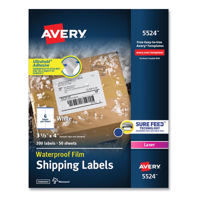 AVERY PRODUCTS CORPORATION Waterproof Shipping Labels with TrueBlock and Sure Feed, Laser Printers, 3.33 x 4, White, 6/Sheet, 50 Sheets/Pack (AVE5524)