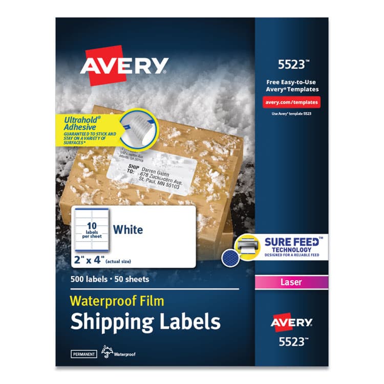 AVERY PRODUCTS CORPORATION Waterproof Shipping Labels with TrueBlock and Sure Feed, Laser Printers, 2 x 4, White, 10/Sheet, 50 Sheets/Pack (AVE5523)