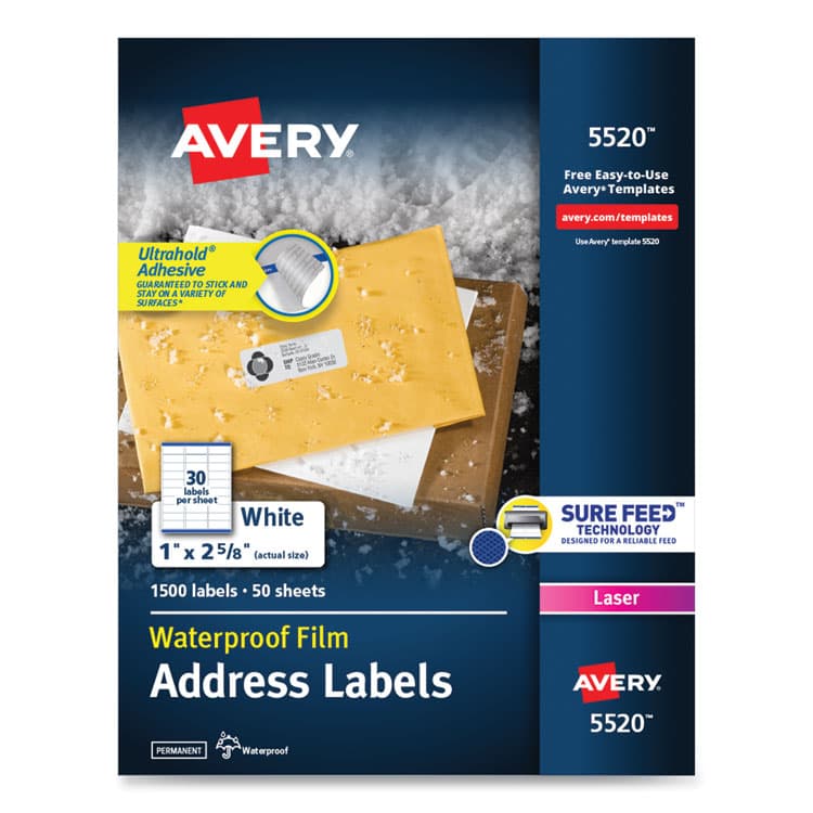 AVERY PRODUCTS CORPORATION Waterproof Address Labels with TrueBlock and Sure Feed, Laser Printers, 1 x 2.63, White, 30/Sheet, 50 Sheets/Pack (AVE5520)