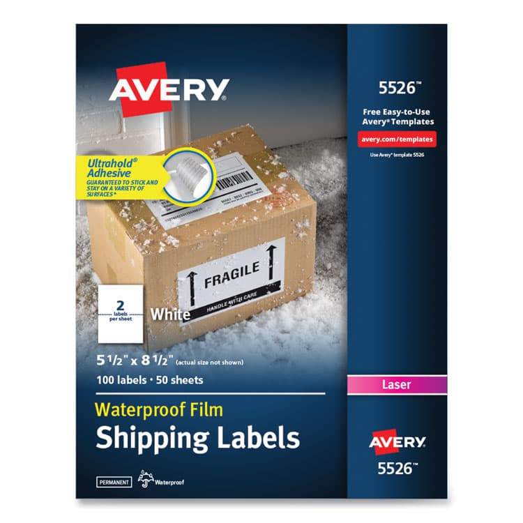 AVERY PRODUCTS CORPORATION Waterproof Shipping Labels with TrueBlock Technology, Laser Printers, 5.5 x 8.5, White, 2/Sheet, 50 Sheets/Pack (AVE5526)