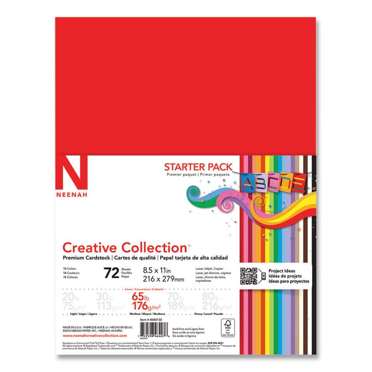 NEENAH PAPER Creative Collection Premium Cardstock, 65 lb Cover Weight, 8.5 x 11, Assorted Starter Pack, 72/Pack (NEE4640702)